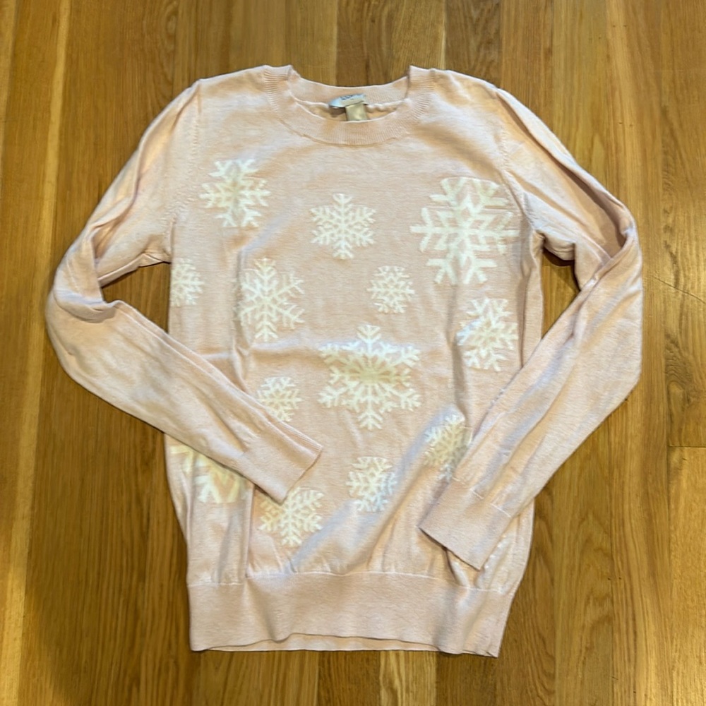 Loft pink sweater with white snowflakes